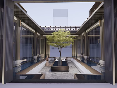 Traditional Chinese Garden Courtyard With Central Tree Water Features And Stone Pillars 3d model