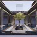 Traditional Chinese Garden Courtyard With Central Tree Water Features And Stone Pillars