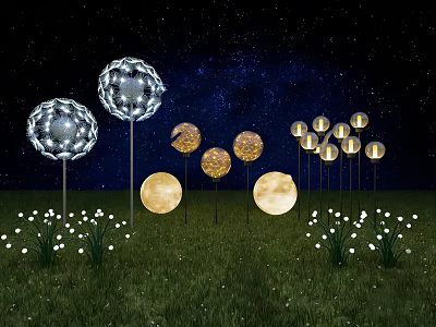 Spherical Transparent And Yellow Decorative Lights In Starry Sky Grassland With Small String Lights 3d model