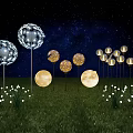 Spherical Transparent And Yellow Decorative Lights In Starry Sky Grassland With Small String Lights