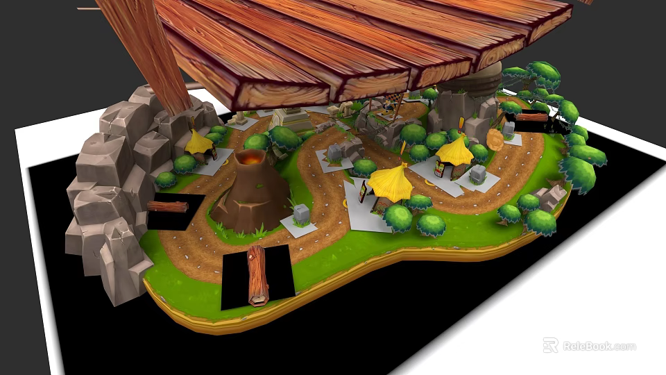 Scenic Micro Terrain Landscape Featuring Rocks Small Volcano Paths Green Plants And Wooden Roof 3d model 