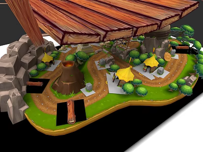 Scenic Micro Terrain Landscape Featuring Rocks Small Volcano Paths Green Plants And Wooden Roof 3d model