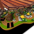 Scenic Micro Terrain Landscape Featuring Rocks Small Volcano Paths Green Plants And Wooden Roof