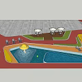 Colorful Children's Water Park With Mushroom Fountain Swimming Pools And Umbrellas