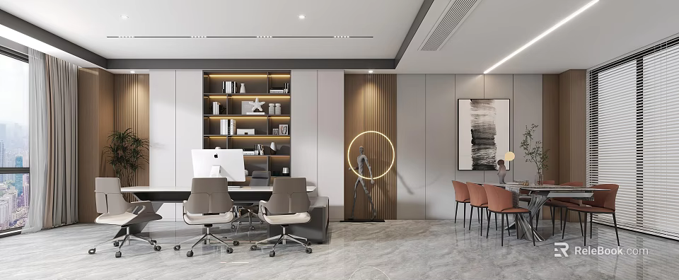 Modern Office Interior With Open Layout Desk Bookshelf Chairs And Artwork 3d model