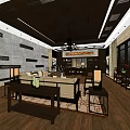 Chinese Style Office Interior Featuring Dark Wooden Tables Circular Ceiling Bookshelves And Wooden Flooring