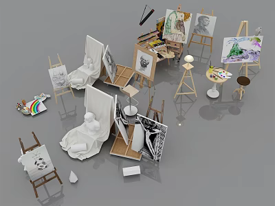 Collection of Art Supplies and Musical Instruments with Easels Sketchboards Paints and Sculptures 3d model