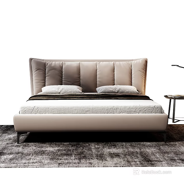 Modern Stylish Double Bed With Upholstered Beige Headboard White Mattress Pillows And Dark Rug 3d model 