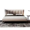 Modern Stylish Double Bed With Upholstered Beige Headboard White Mattress Pillows And Dark Rug