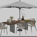 Modern Wooden Lattice Top Outdoor Dining Table Set With Stylish Rattan Chairs And Large Umbrella