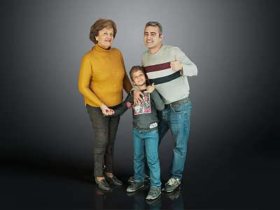 Family of Three Standing Together With Thumbs Up Gesture Yellow Turtleneck Gray Sweater 3d model