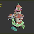 Cartoon Scene With Red And White Lighthouse Small Boat And Green Island