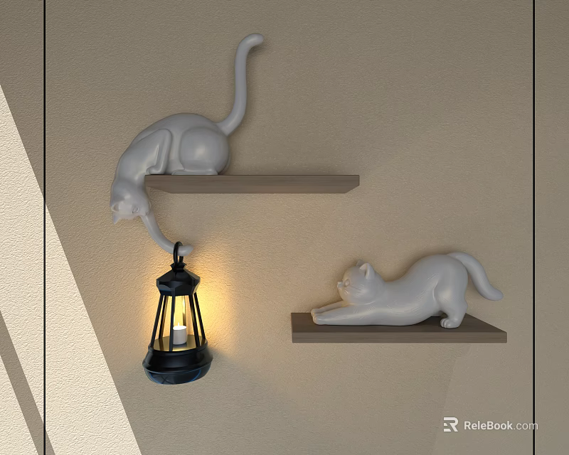 Unique Shaped Wall Lamp with White Cat Decorations on Wall Mounted Shelves and Warm Lighting 3d model 