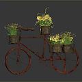 Red Decorative Bicycle With Multiple Flower Baskets Filled With Yellow Flowers 3d model