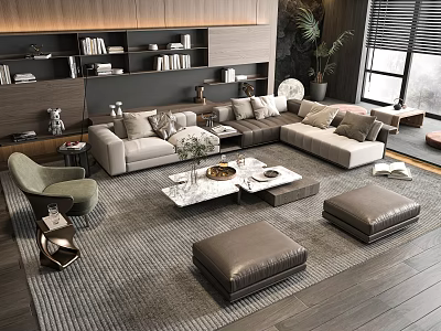 Modern Beige Sofa And Marble Coffee Table Set With Ottomans Bookshelves Plants In Living Room 3d model