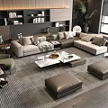 Modern Beige Sofa And Marble Coffee Table Set With Ottomans Bookshelves Plants In Living Room