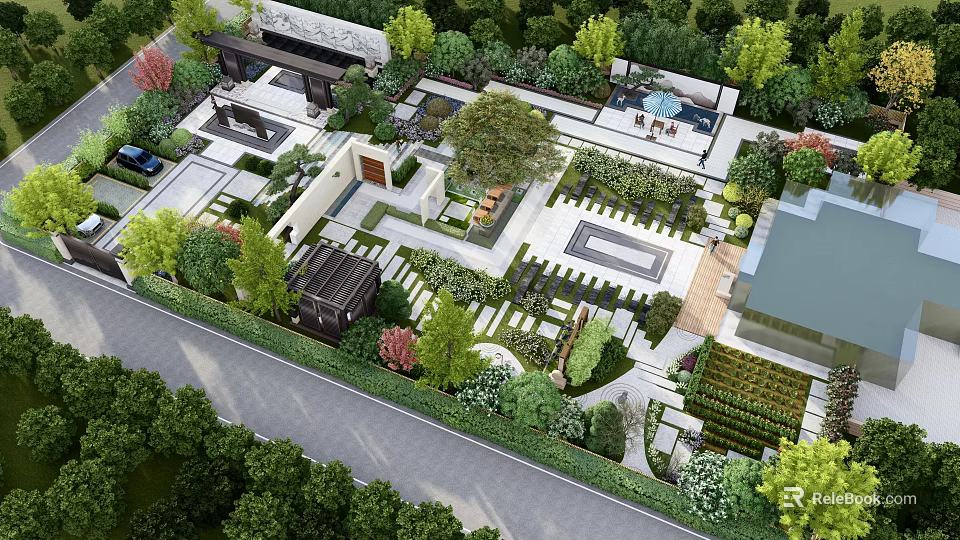 Overhead View Lush Courtyard Garden Landscape With Greenery Water Features Paved Paths And Seating Areas 3d model 