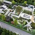 Overhead View Lush Courtyard Garden Landscape With Greenery Water Features Paved Paths And Seating Areas