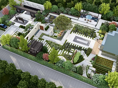 Overhead View Lush Courtyard Garden Landscape With Greenery Water Features Paved Paths And Seating Areas 3d model