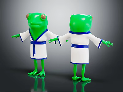 Green Frog Characters in White Robes with Blue Sashes Standing with Outstretched Arms 3d model