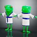 Green Frog Characters in White Robes with Blue Sashes Standing with Outstretched Arms