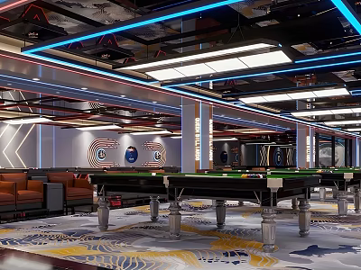 Modern Billiard Room Interior With Multiple Pool Tables Stylish Lighting And Comfortable Seating 3d model