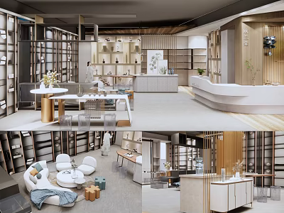 Elegant Specialty Store Interior Design With Display Shelves Sofa And Tables 3d model