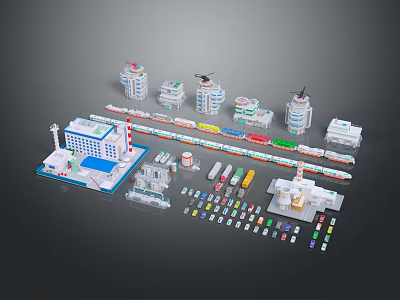 Various Colorful Miniature Building Train Vehicle Models Display Set Collection 3d model