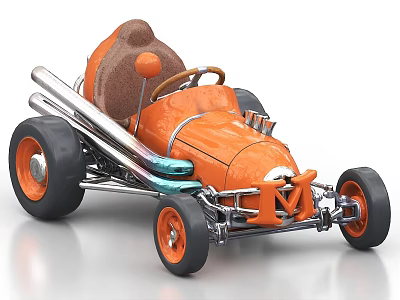 Orange Toy Kart With Brown Furry Seat Silver Exhaust Black Wheels And M Logo 3d model