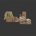 Stacked Wooden Crates Canvas Covered Goods And Burlap Sacks