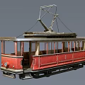 Vintage Red Classic Tram Featuring Wooden Interior And Overhead Pantograph Structure