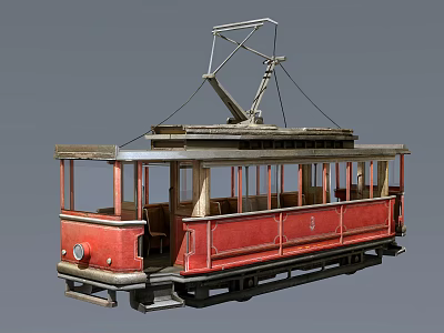 Vintage Red Classic Tram Featuring Wooden Interior And Overhead Pantograph Structure 3d model