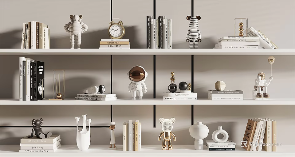 Modern Decorative Ornament Set on Shelves with Books Figurines Vases Clock and Geometric Decor 3d model 
