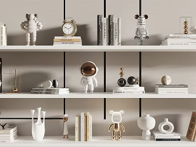 Modern Decorative Ornament Set on Shelves with Books Figurines Vases Clock and Geometric Decor 3d model