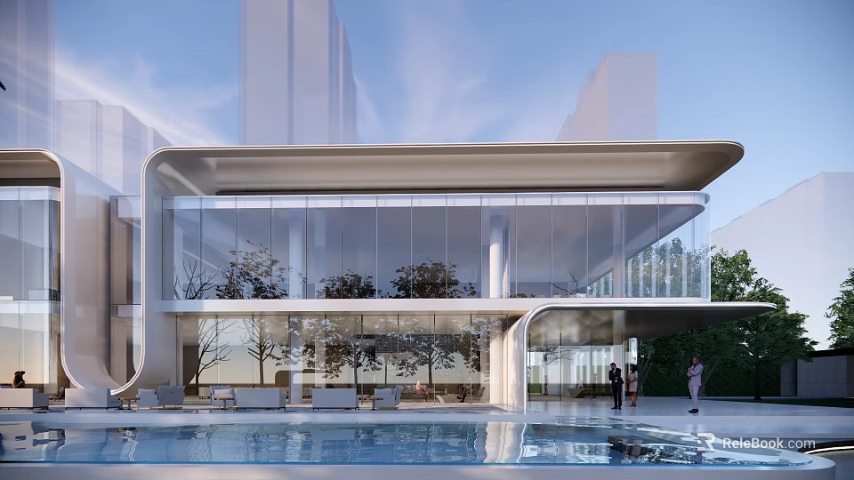 Modern Sales Office Building With Sleek Glass Curtain Walls Water Pool And Trees 3d model 
