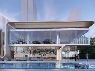 Modern Sales Office Building With Sleek Glass Curtain Walls Water Pool And Trees 3d model
