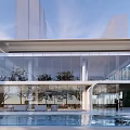 Modern Sales Office Building With Sleek Glass Curtain Walls Water Pool And Trees 3d model
