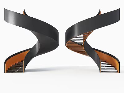 Modern Symmetrical Spiral Staircase With Black Curved Design And Orange Steps 3d model