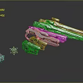 Futuristic Weapons with Blue Silver Metallic Texture Various Guns and Small Parts Scattered