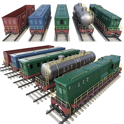 Colorful Train Carriages With Tanker And Cargo Cars On Rail Tracks 3d model