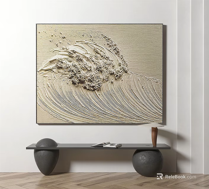 3D Textured Wave Relief Painting On Wall With Modern Console Table Decor 3d model