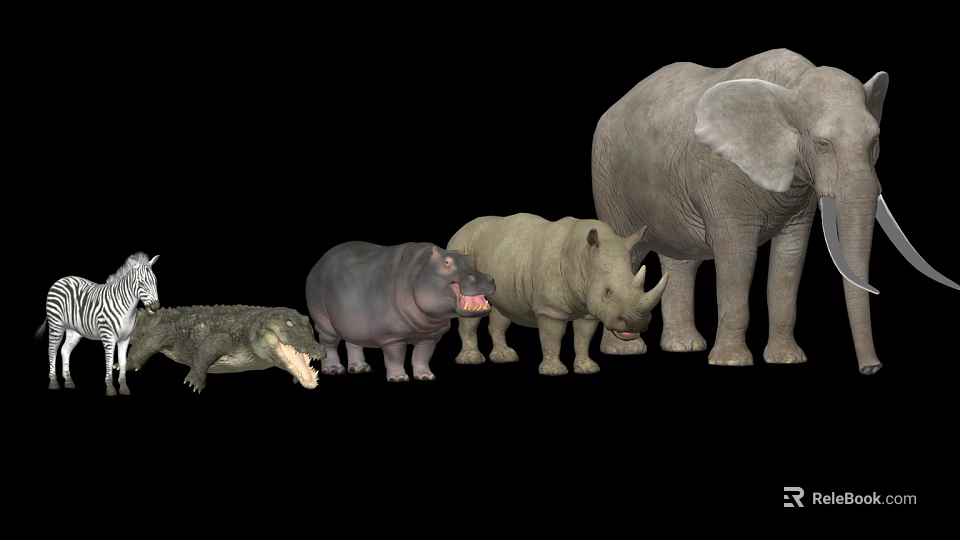 Reptile Crocodile With Zebra Hippo Rhino And Elephant On Black Background 3d model 