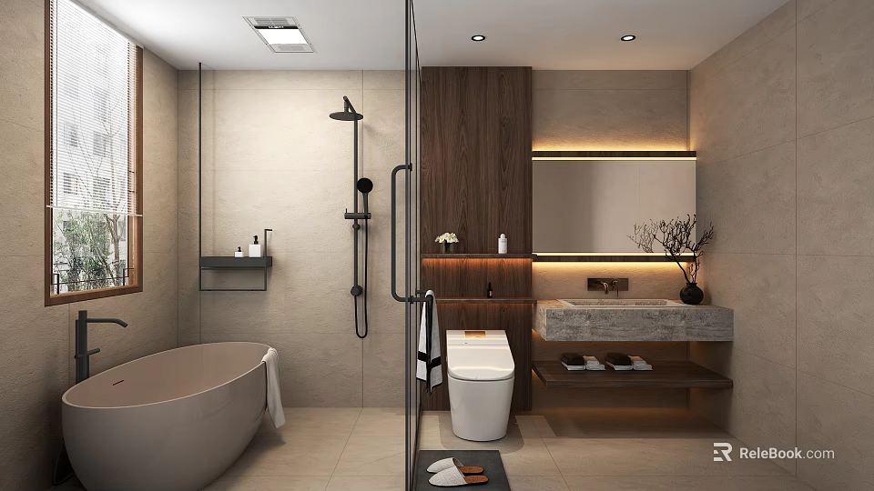 Modern Bathroom Interior Featuring Bathtub Shower Vanity Wooden Cabinets Marble Countertop Lighted Mirror And Plant 3d model 