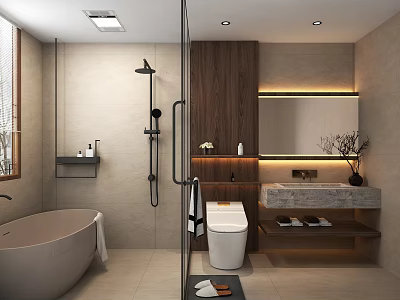 Modern Bathroom Interior Featuring Bathtub Shower Vanity Wooden Cabinets Marble Countertop Lighted Mirror And Plant 3d model