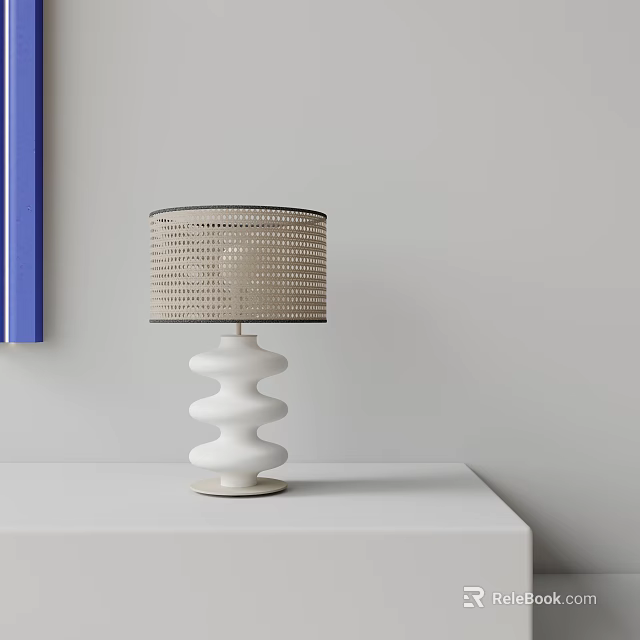 White Spiral Base Table Lamp With Beige Mesh Shade On White Table Grey Wall Background 3d model