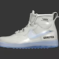 White High Top Shoes With Blue Sole And Sleek Design On Reflective Surface