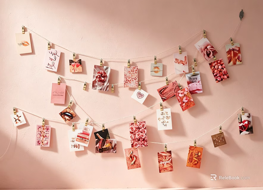 Photo Wall With Colorful String Cards Featuring Warm Style And Decorative Text 3d model 