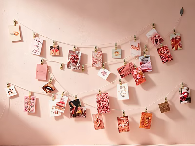 Photo Wall With Colorful String Cards Featuring Warm Style And Decorative Text 3d model