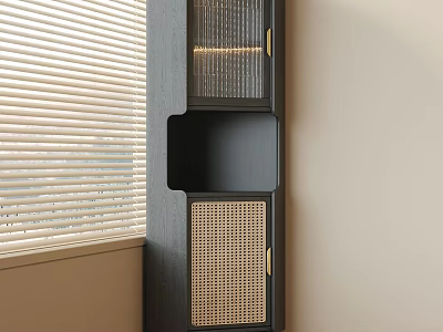 Modern Black Sideboard With Rattan Details Beside Window With Blinds 3d model