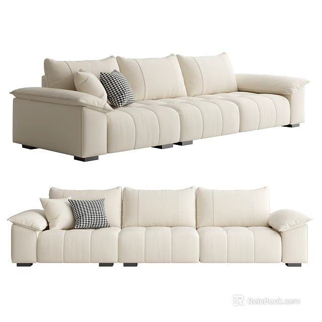 Modern Cream Three Seater Sofa With Plush Cushions And Checkered Accent Pillow 3d model 
